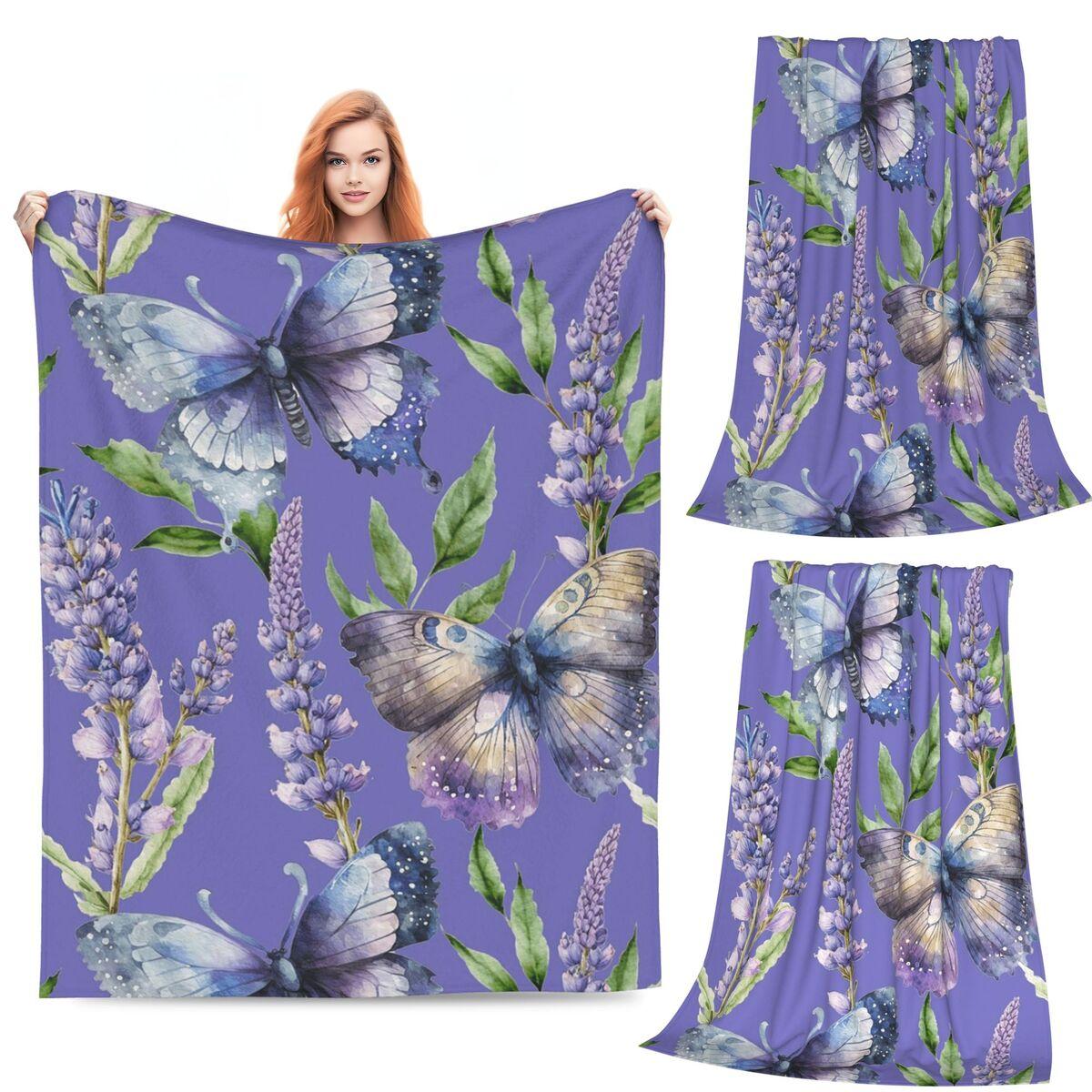 

Lavender Butterflies Enchanting Garden Delight Blanket Soft Flannel Throw Blanket Bedspread for Bed Living room Picnic Home Sofa 80x120cm