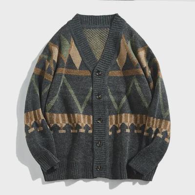 Men's Retro Japanese V-Neck Contrast Knit Cardigan - Spring/Autumn Casual Loose Jacket Trend