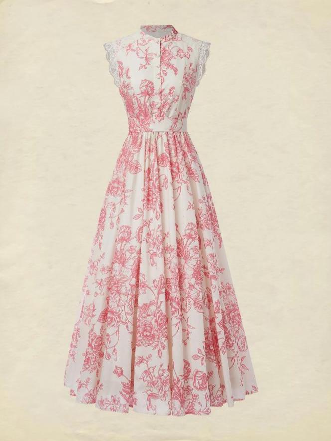 Elegant Lace Patchwork Floral Dress with Short Sleeves