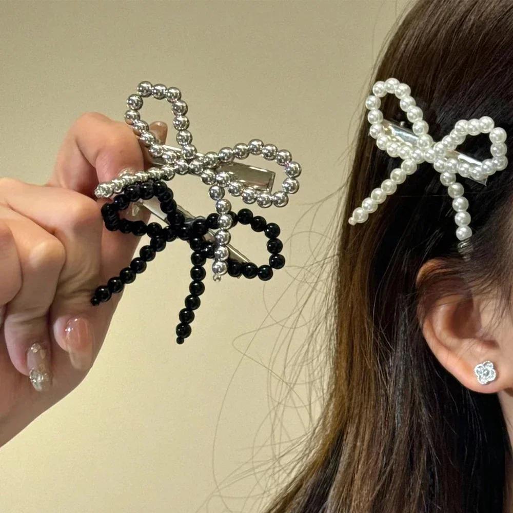 Korean Fashion Women Pearl Hair Clips Pins Cute Girls Pearl Hairclip Bows Hairpin Metal Hair Clips Y2k Girl Hair Accessories