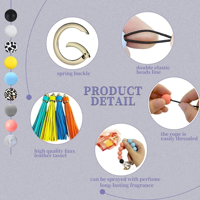 Beaded Making Kit for Bracelet Car Wristlet Keychain Contains 15mm Round Letter Beaded Leather Tassel Elastic for Key Ri
