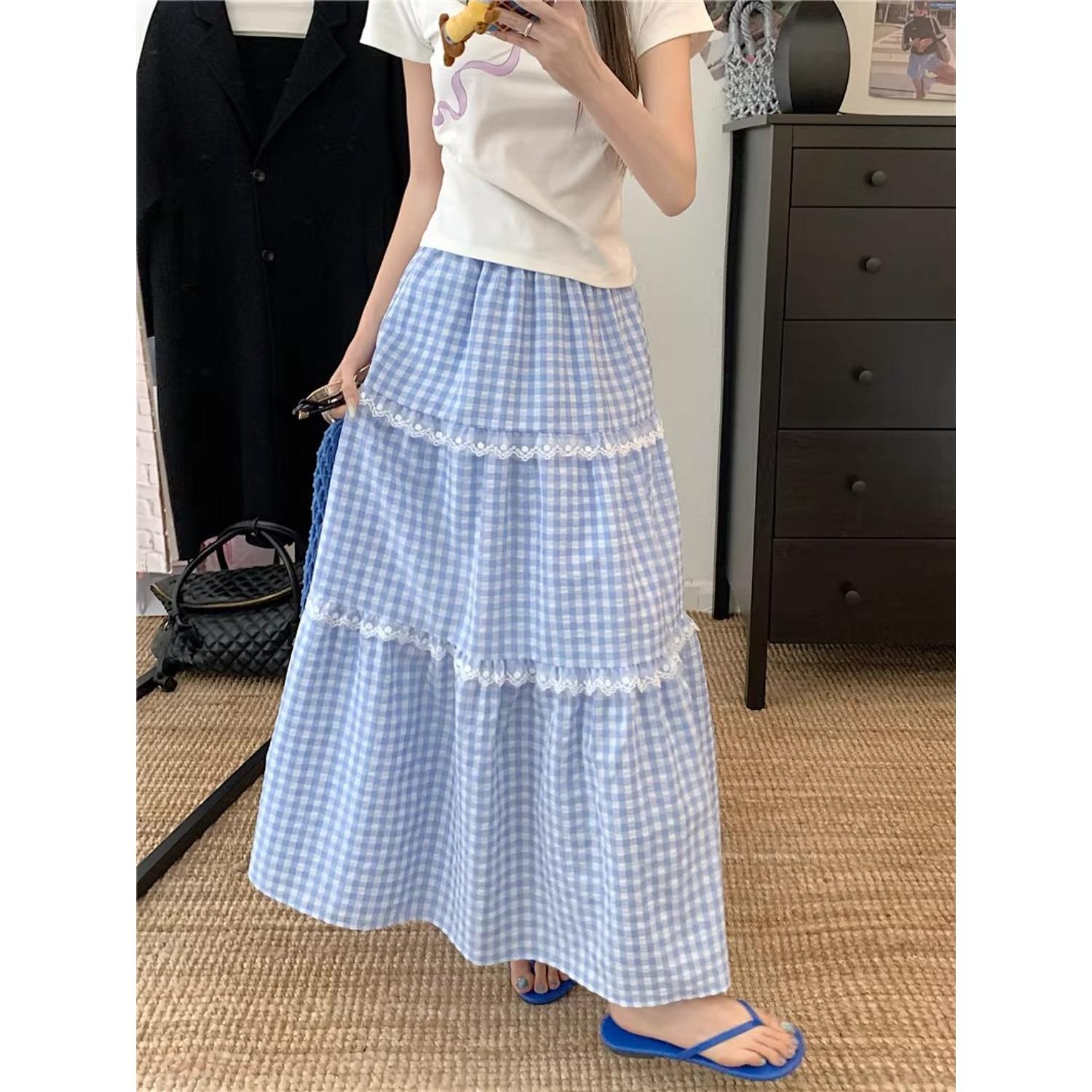 Women s Plus Size A-Line Maxi Skirt Blue Plaid Lace Trim Tiered Sweet Casual Skirt S