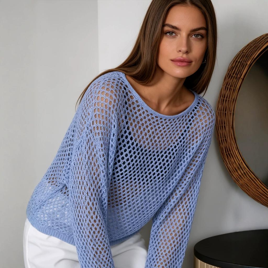 Summer new hollow smock women's European and American style soft loose long-sleeved knitted top ins style