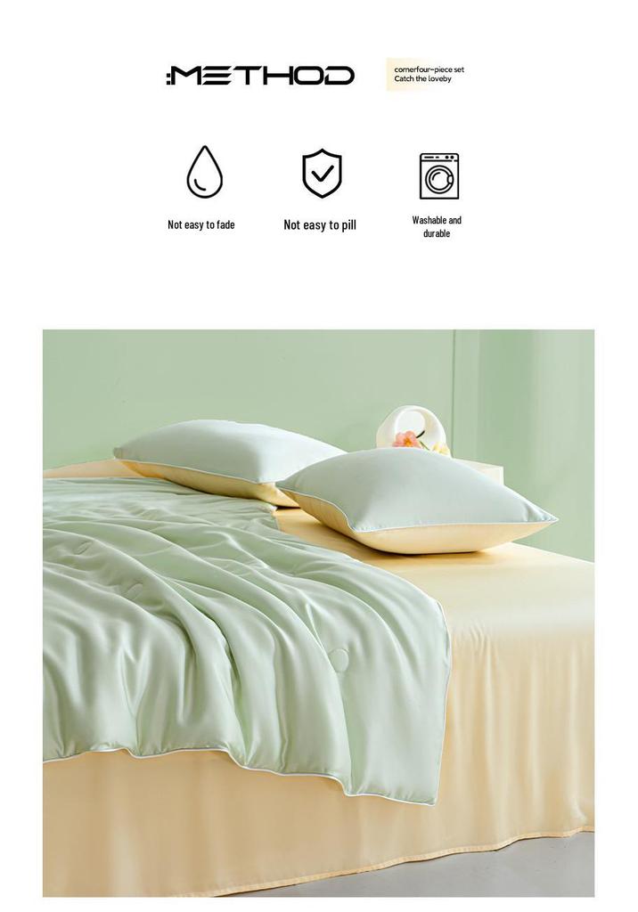 Cooling Ice Silk Tencel Summer Quilt Four-Piece Set: Water & Machine Washable, Ideal for Air Conditioning.