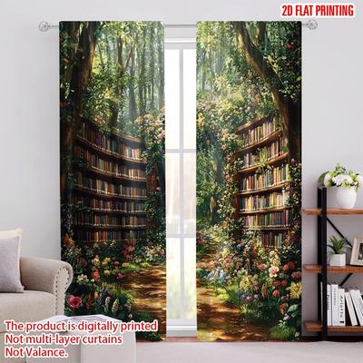 2pcs Drapes Fantasy Bookshelf Forest Blackout Polyester Festive Holiday Use for Indoor Celebrations