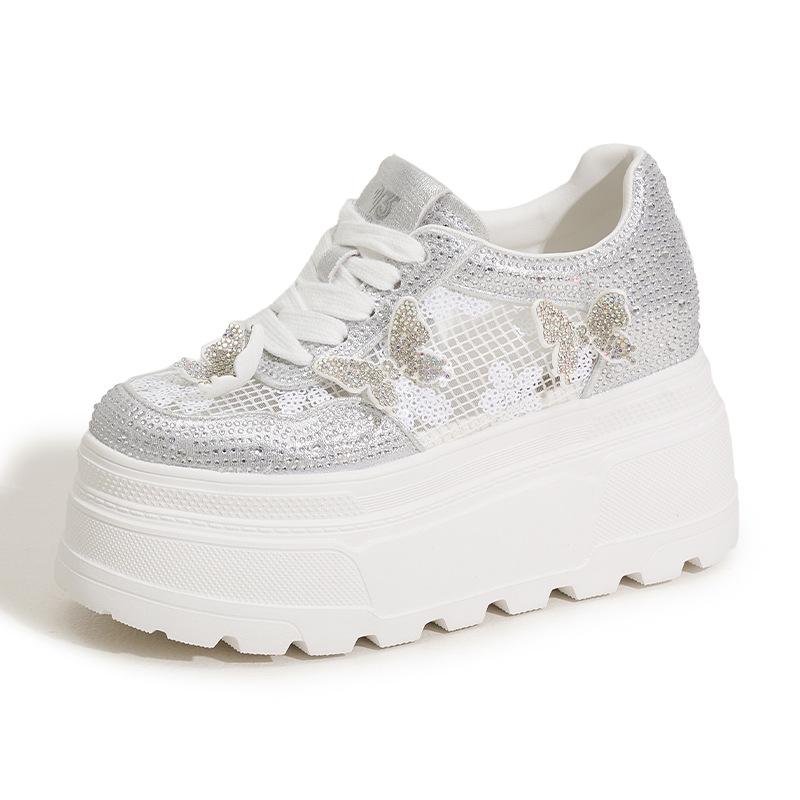 Platform White Shoes Women's 2025 Spring and Summer New Inner Height Increase Women's Shoes Hollow Breathable Mesh Sandals Versatile Casual Shoes