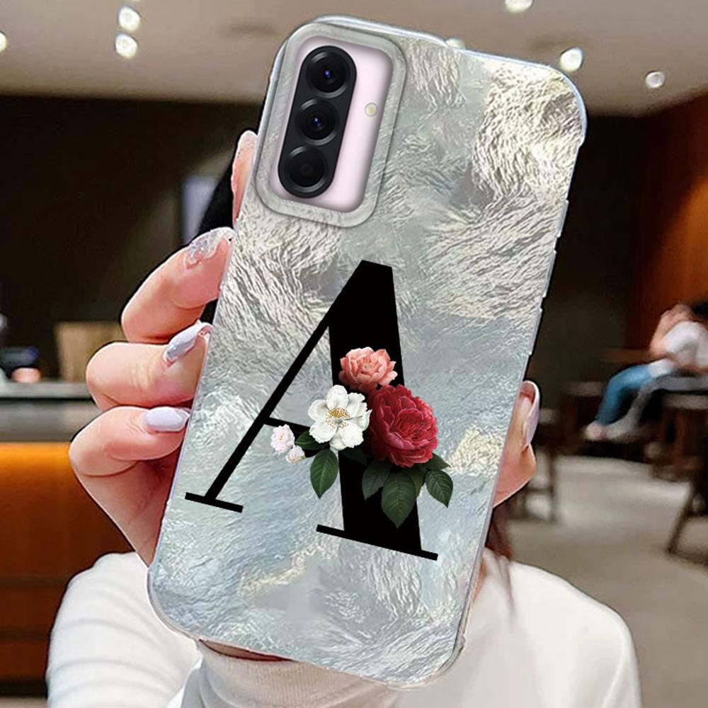Black A-Z Letter Flower Laser Gradient For Samsung Galaxy A16 A36 A56 Phone Cases Cover Silicone Clear Soft Protect Back Bumper Hard PC Back Cover