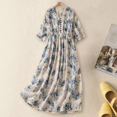 Women Summer Dress Retro Flower Print Pleated A-line Loose Hem Short Sleeves Elastic Waist Side Pockets Button Soft Lady Daily Dating Beach Midi Dress