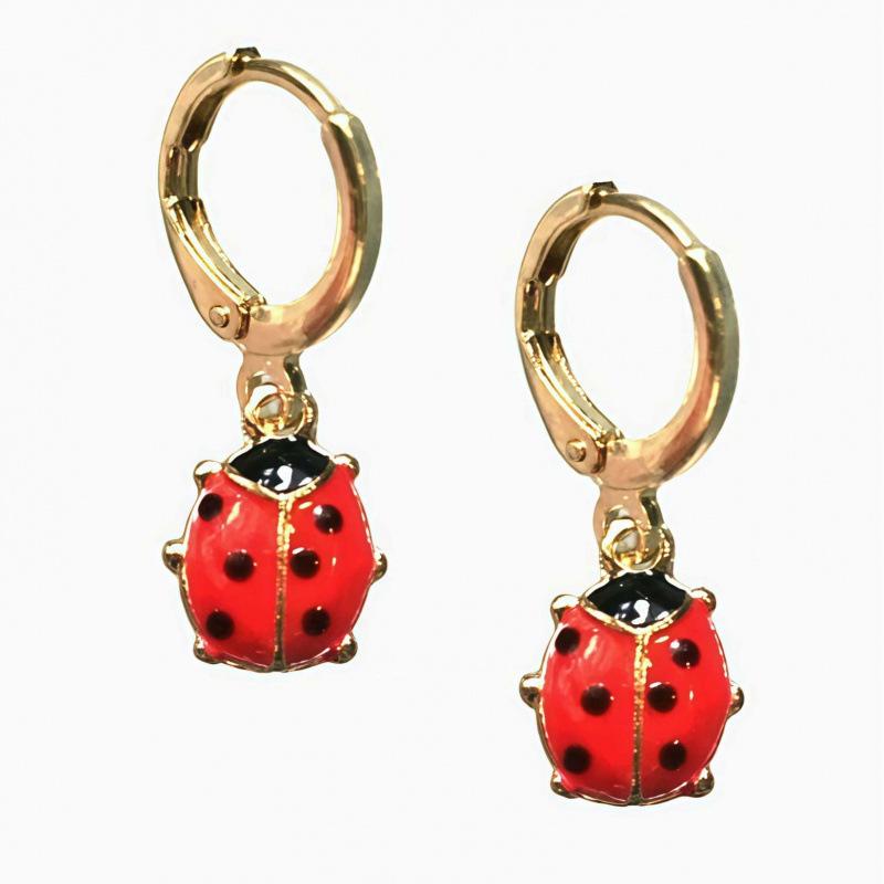 Red Ladybug Enamel Earrings - Gold Alloy Insect Design