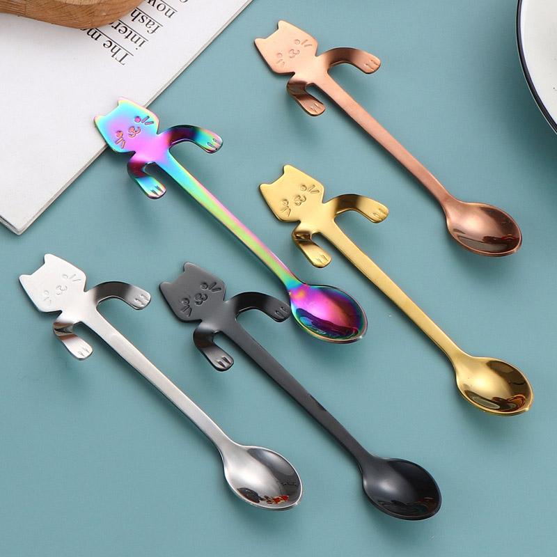 4pcs Stainless Steel Mini Cat Coffee Spoon Cute Cat Tableware Stainless Steel Spoon Kitchen Supplies for Coffee Tea Ice Cream4