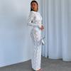 Women Sexy Slim Solid Color Lace Deep V Hollow Lace Long Sleeve Mop Long Dress