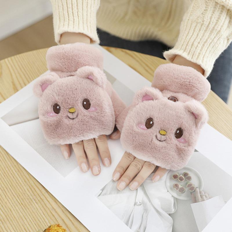Cute Rabbit Fur Knit Mittens Plush Fingerless Gloves Flip Half Finger Driving Glove Winter Soft Warm Thick Gloves for Women Girl