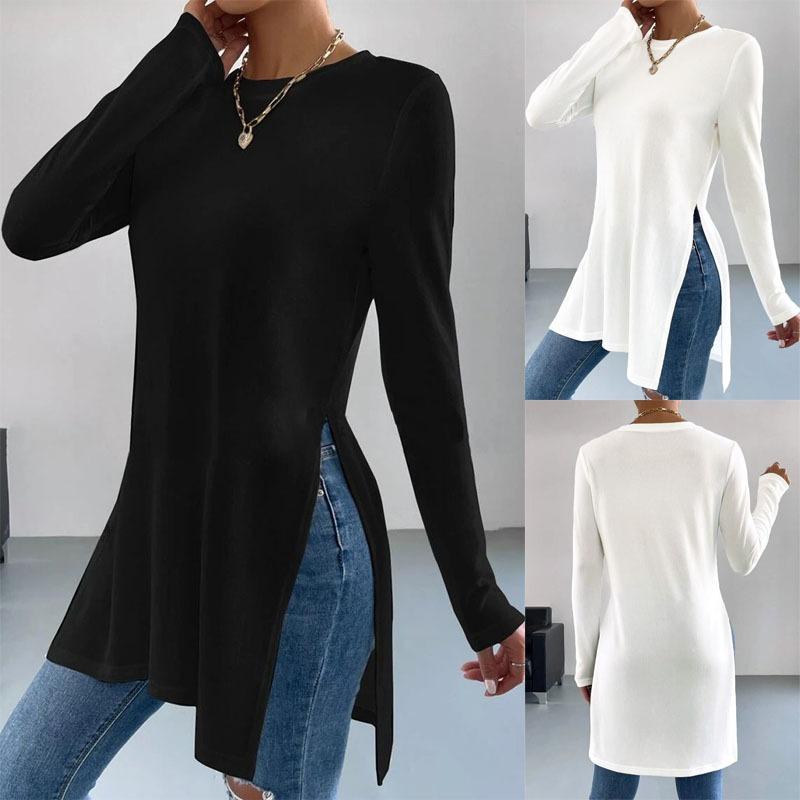 Casual Long Sleeve T Shirt Solid Color Split Hem Round Neck