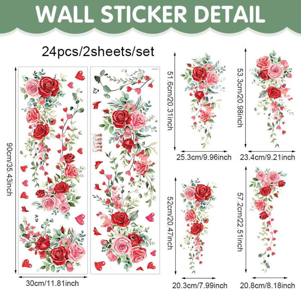 Valentines Day Rose Vine Butterfly Heart Balloon Wall Stickers PVC Self Adhesive Removable Party Wedding Home Decorative Decals