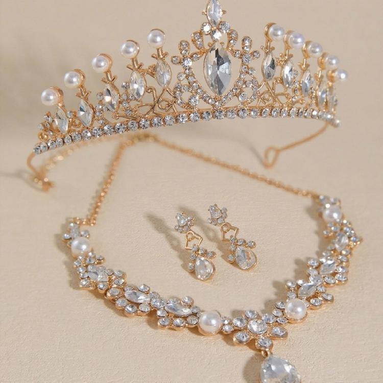 Elegant Evening Accessories Set Crystal Hair Crown Drop Earrings Pendant Necklace Wedding Headpiece for Daily Party