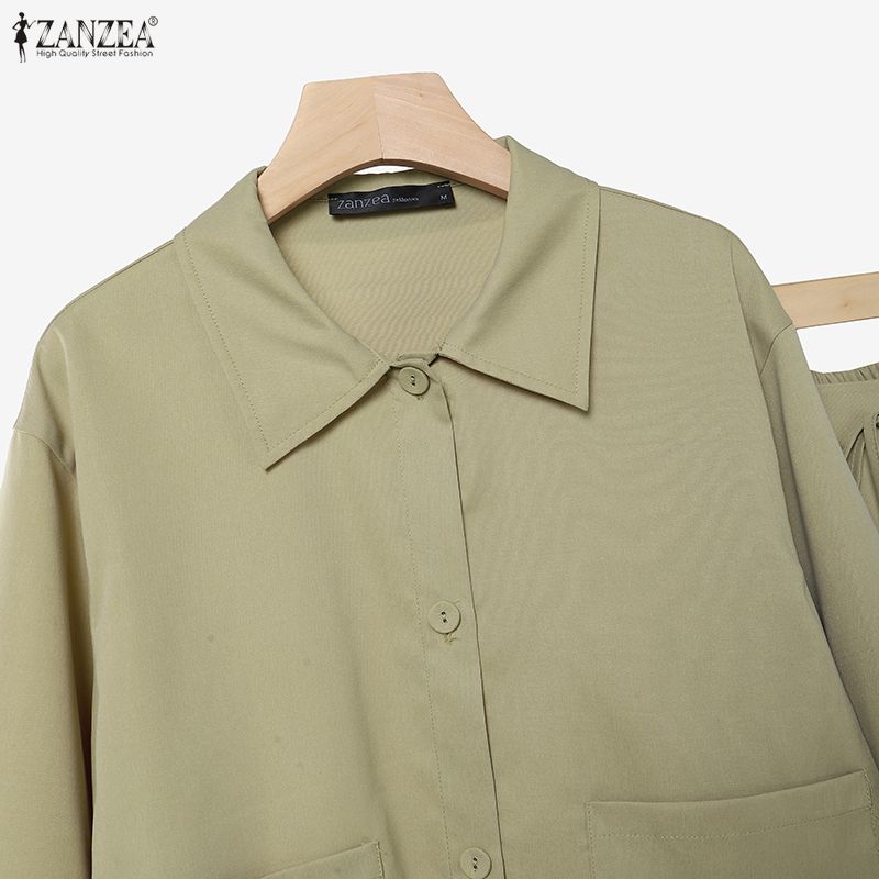 ZANZEA Elegant Women Outfits Lapel Neck Long Sleeve Blouse and Long Trousers Casual Two Piece Cargo Sets