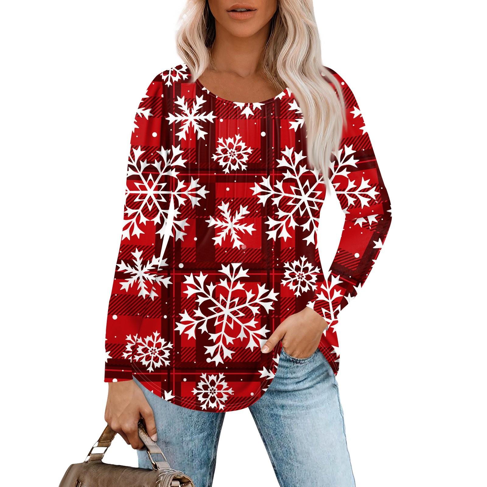 

Женская повседневная футболка с круглым вырезом и длинными рукавами с рождественским принтом и складками L красный