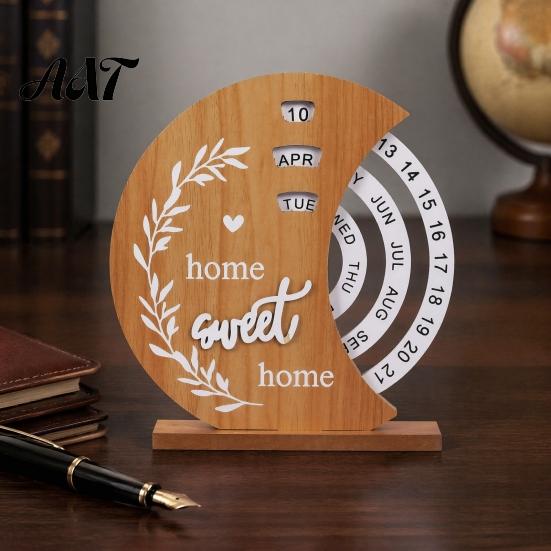 Retro Desktop Calendar Decoration Wooden Perpetual Calendar, Manual Rotating Desk for Home Office Sustainable Decor Decor, Creative Natural Wood Date