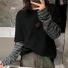 Women's Brushed Corduroy Striped Two-Piece Look Long-Sleeve T-Shirt, Thickened Base Layer for Autumn & Winter.