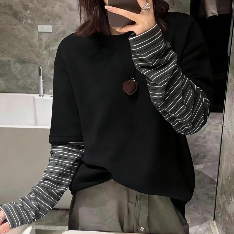 Women's Brushed Corduroy Striped Two-Piece Look Long-Sleeve T-Shirt, Thickened Base Layer for Autumn & Winter.