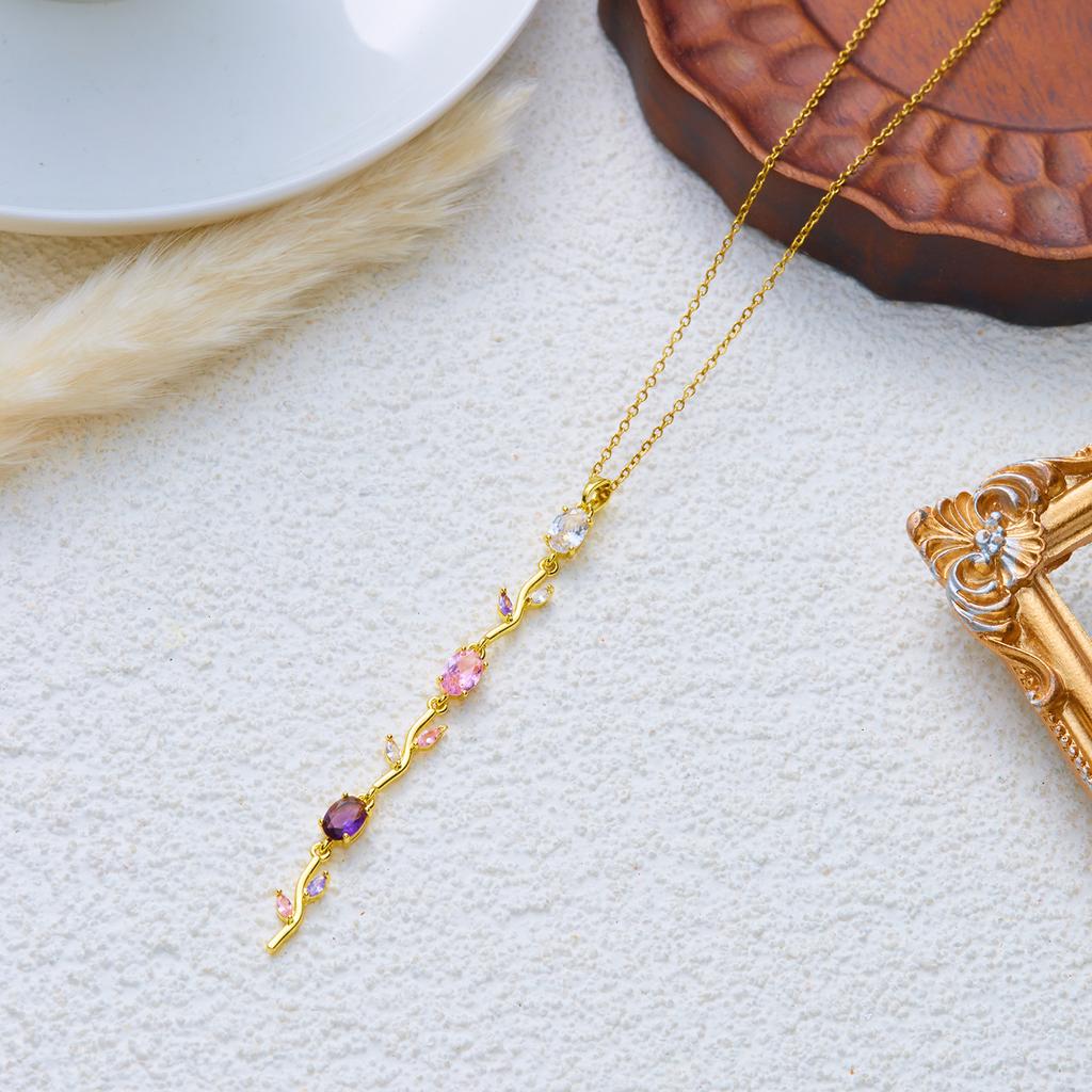 Minimalist Flower Branch Zircon Y Drop Necklace for Women Elegant Geometric Copper Adjustable Long Chain Party Jewelry Gift
