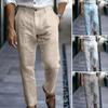 Pantaloni casual din in pentru bărbați, croială regulată, culoare uni, pantaloni respirabili de ocazie cu bucle pentru curea, pentru călătorii, birou, plajă, uzură zilnică
