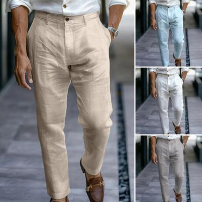 Men Linen Casual Pants Regular Fit Plain Color Trousers Breathable Dress Pants with Belt Loop for Travel Office Beach Daily Wear