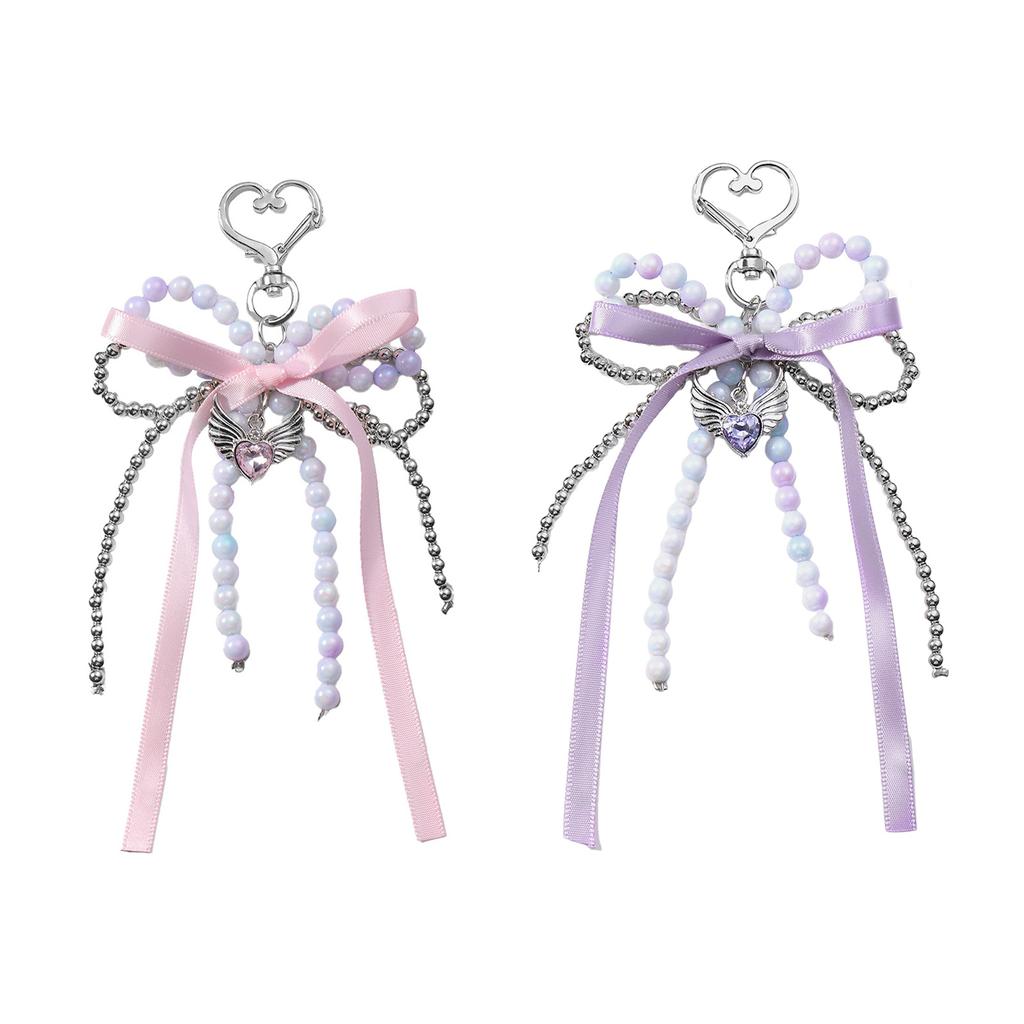 Lovely Ribbon Beads Bowknot Keychain Fashion Statement Key Holder Stylish Purse Embellishment for Various Occasion