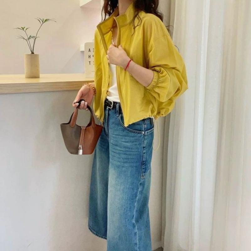 Women's Stand Collar Solid Color Long Sleeve Zip-Up Sun Protection Lightweight Casual Jacket