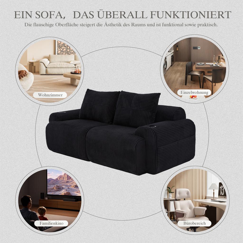 Modular Corduroy Sofa for 2 People, Vacuum-Packed, Includes Cup Holder and Side Storage Pocket. Ideal for Living Room and Family Room. Black