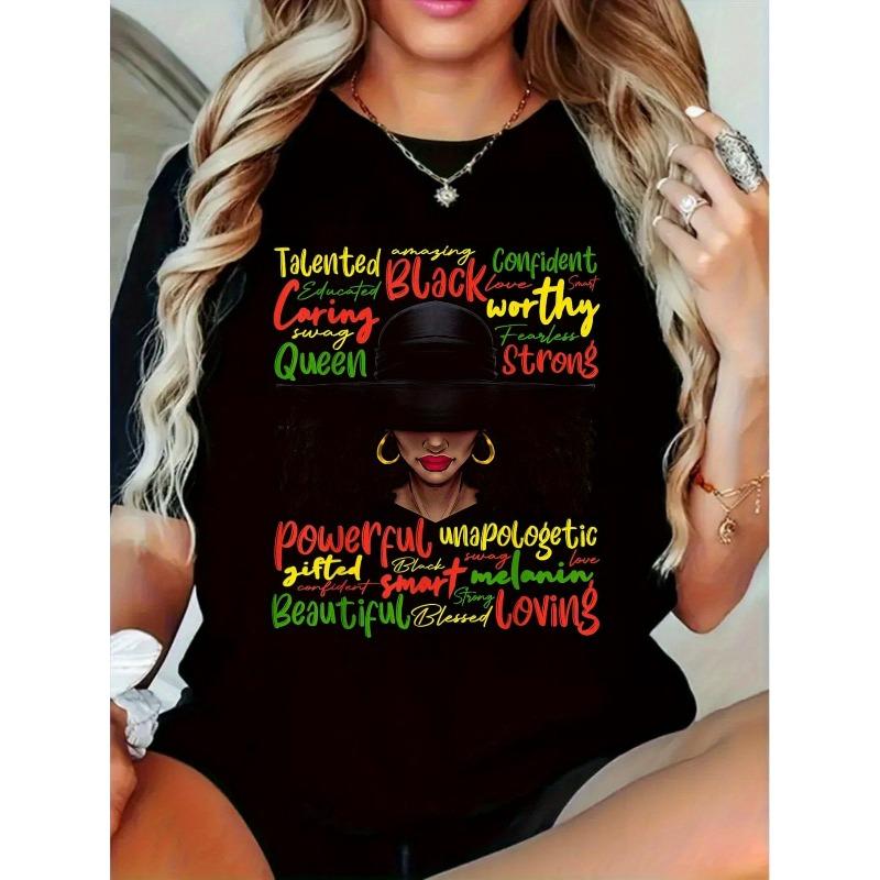 

European Size African American Women S Empower T-Shirt | Soft Breathable Short Sleeve Tee with Positive Affirmations and Geometric Pattern 4XL чорний