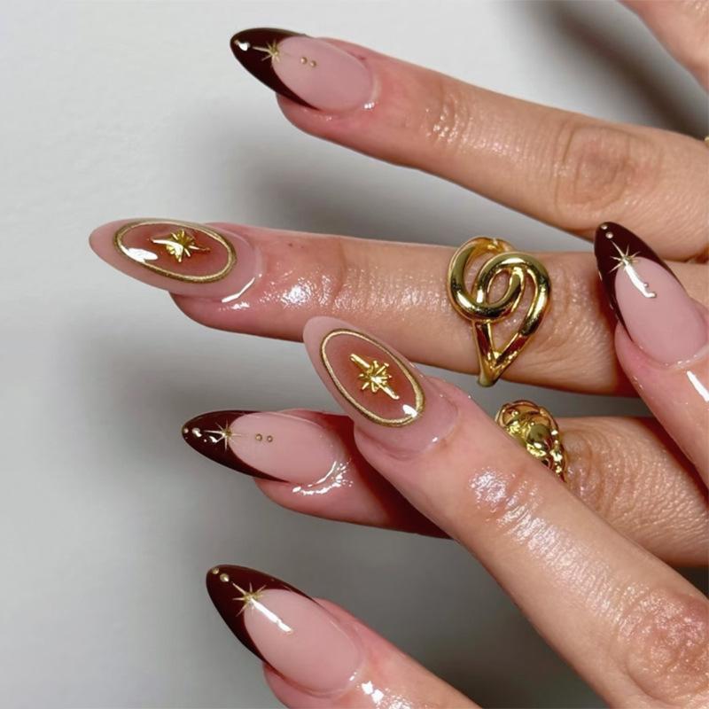 24PCS 3D Golden French False Nails Pink Blush Gradient Simple Star Patterns Press On Nails Sweet Almond Fake Nails Wearable Tips