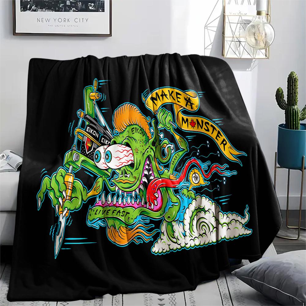 1PC Rat Fink Print Flannel Blanket, High Quality All Seasons, Home Decor, Warmth and Comfort, Perfect for Christmas Gifts