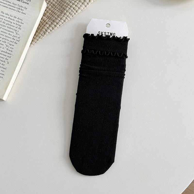 Female Spring and Autumn Solid Color Double Wood Ear Edge In The Tube Pile Pile Cotton Socks