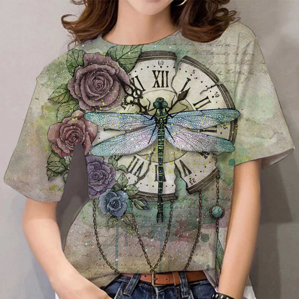 Letní dámské tričko s kulatým výstřihem a 3D potiskem vážky, módní ležérní tričko s krátkým rukávem