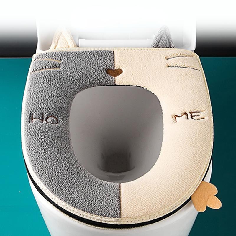 Assento de Vaso Sanitário para Gato com Alça Zíper Espesso Quente Almofada de Assento Universal Padrão de Bordado Camurça Acessórios para Banheiro.