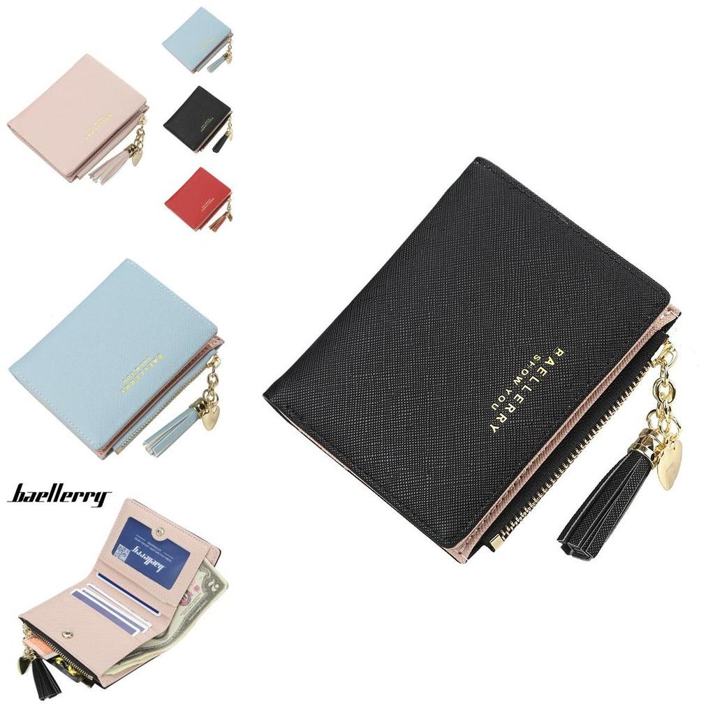Wallet For Women Short Cardholder Pu Leather With Tassel Decor And Letter Print Design