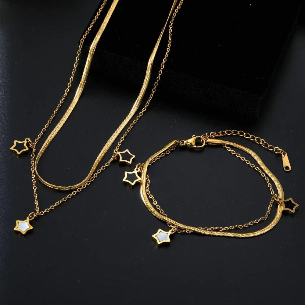 Double-Layered Star Charm Bracelet Titanium Steel Double Clavicle Chain for Women