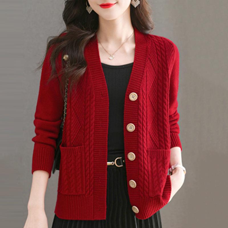 Autumn Knitted Cardigan for Women Autumn/Winter Thickened Middle Aged Mom Loose Sweater Coat