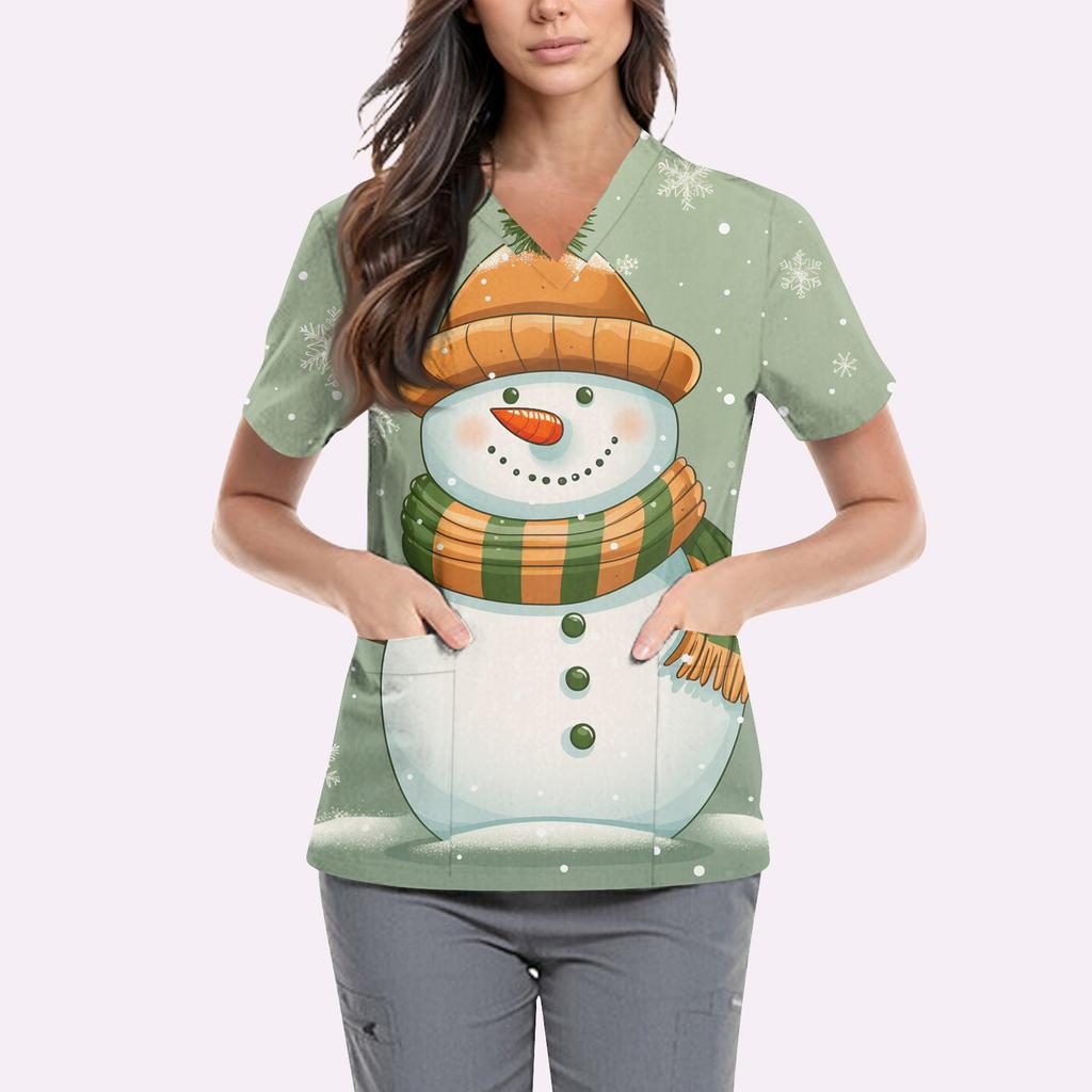 Women's Cute Printed Work Clothes V-neck Double Layer Pockets Basic Short Sleeve Top Pullover Valentines