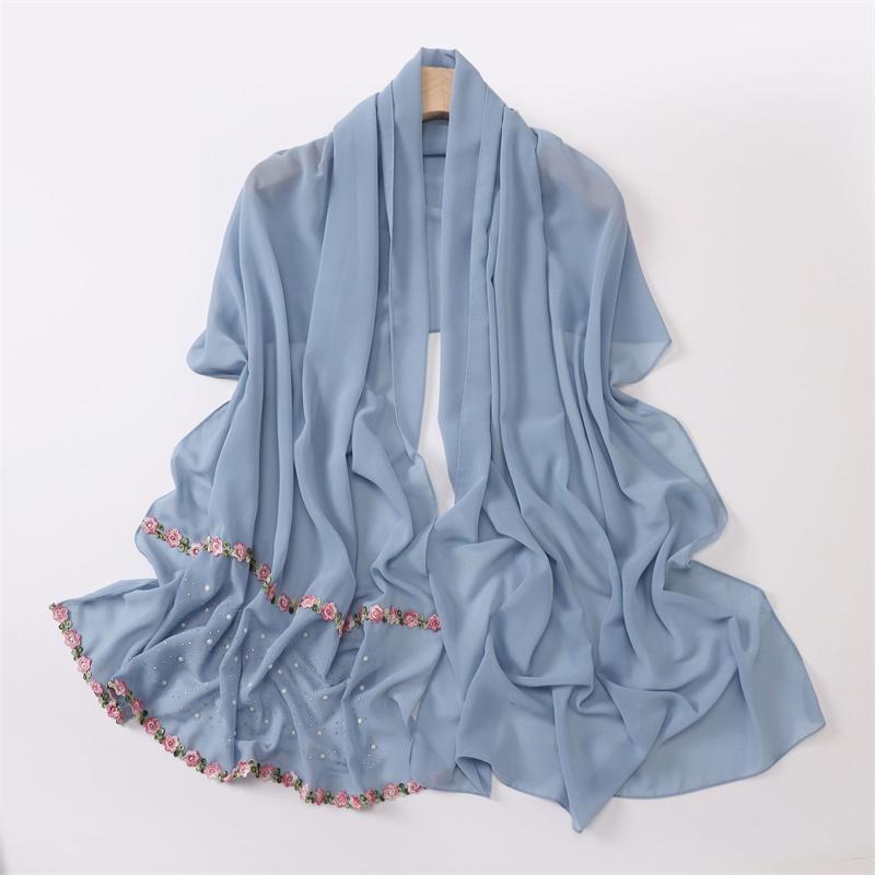 Luxury Diamond Beads Floral Instant Bubble Chiffon Hijab Ramada Beach Summer Shawl Wrap Solid Muslim Stole Neck Snood 175*70Cm
