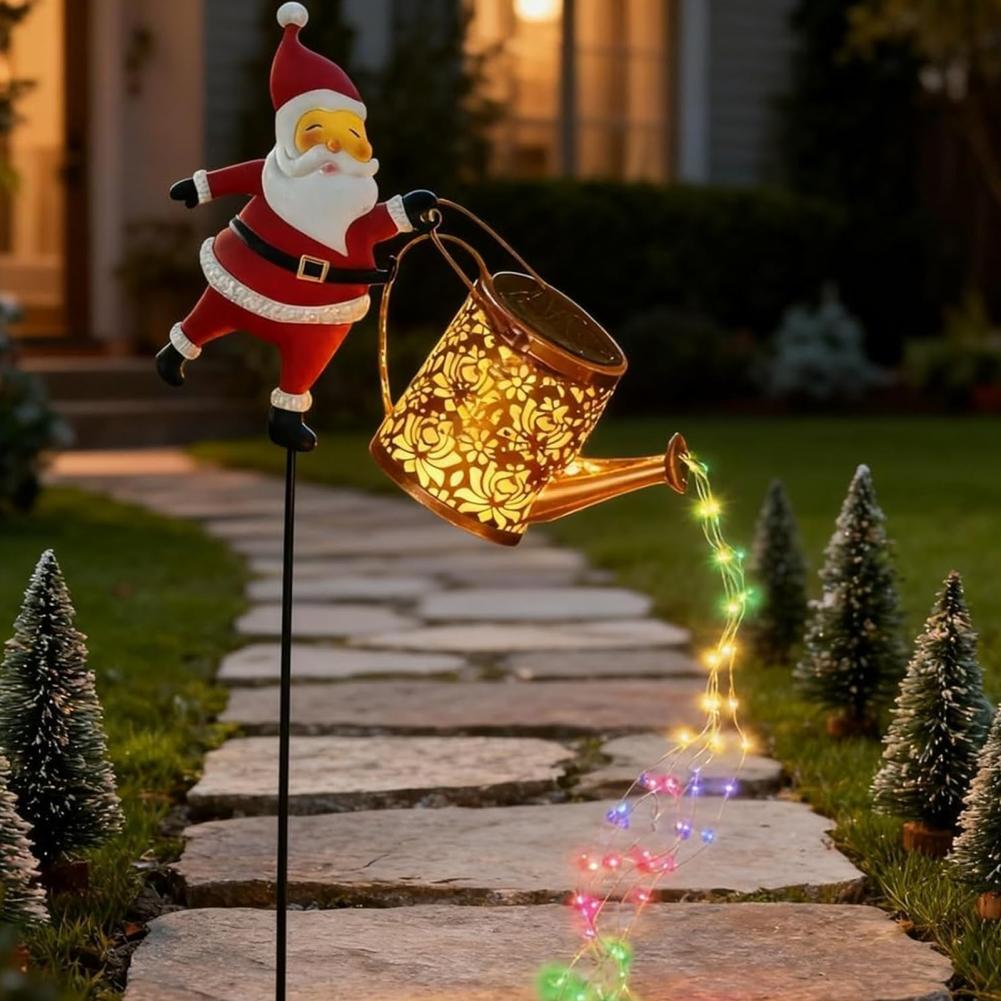 Solar Kettle Lights Garden Lawn Decorative Lights Waterproof Watering Can String Light Metal Santa Claus Ground Lamp for Outdoor