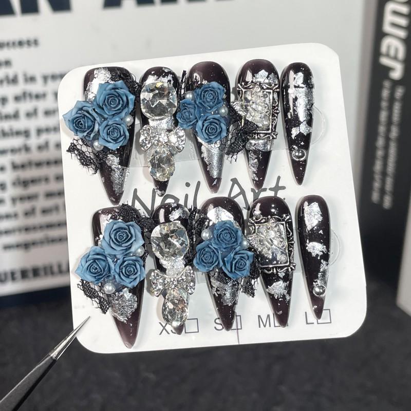 Handcrafted Full Cover Nail Tips With Blue Rose Floral Design 3D Embossed Butterfly Rhinestone Accents Long Pointed Style Extra Small