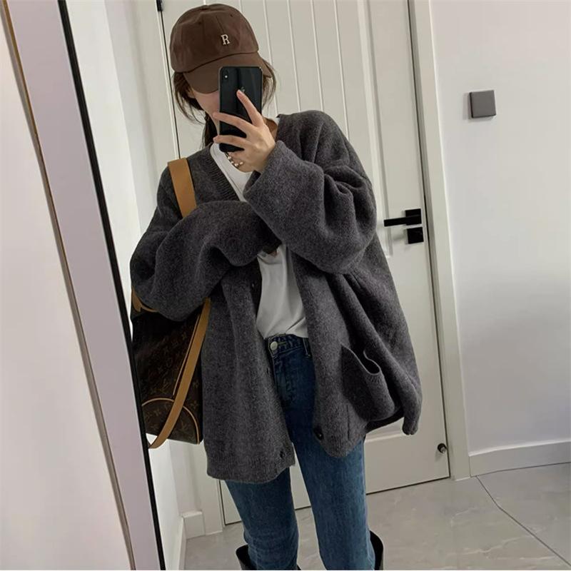 Autumn Women Sweater Knitting Basic Fashion Tops Tees Pockets Cardigan Long Sleeve Korea Shirt Loose Casual Show Thin Coat