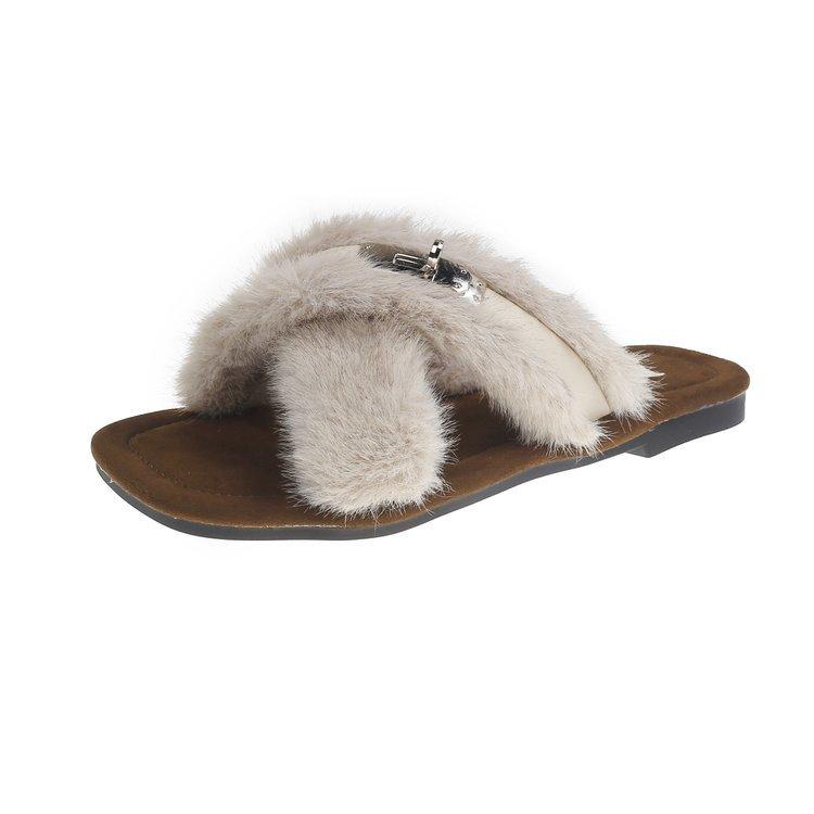 

Premium non-slip plush slippers for women s outer wear autumn new retro cross-strap home flat cotton slippers 40