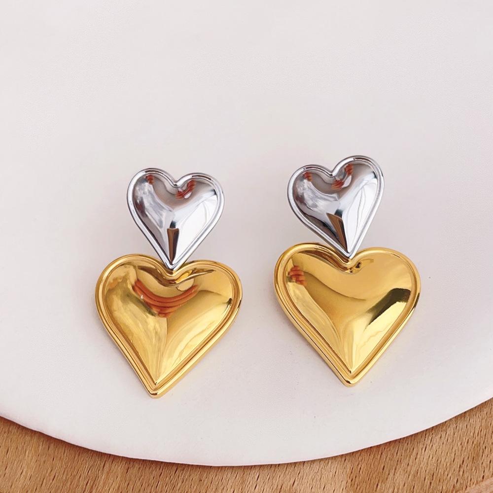 Gold and Silver Contrasting Color Pendant Love Earrings Personalized Vacuum Plating Titanium Steel Studs Do Not Fade