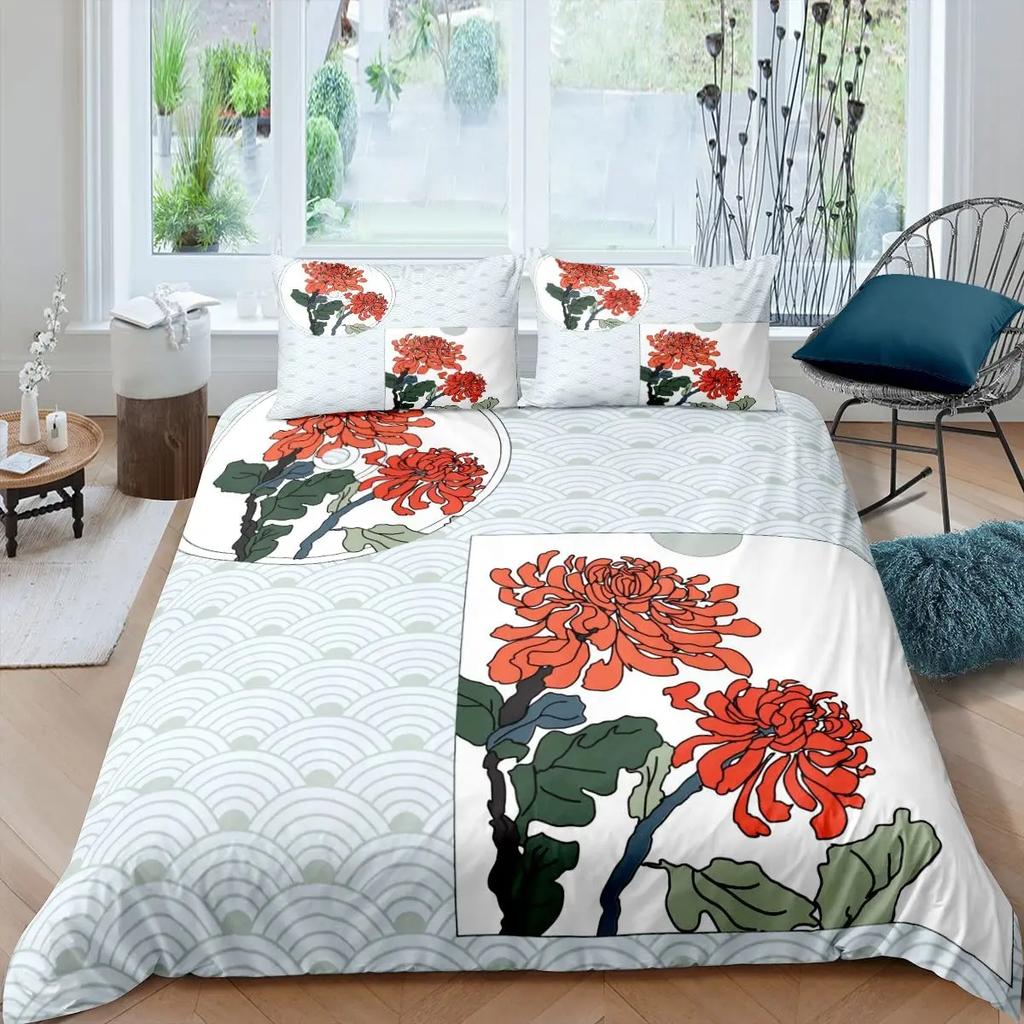 Japanese Style Duvet Cover Koi Fish Cherry Ukiyo-E Geisha Quilt Cover Sun Crane Polyester Japanese Culture Theme Bedroom Decor
