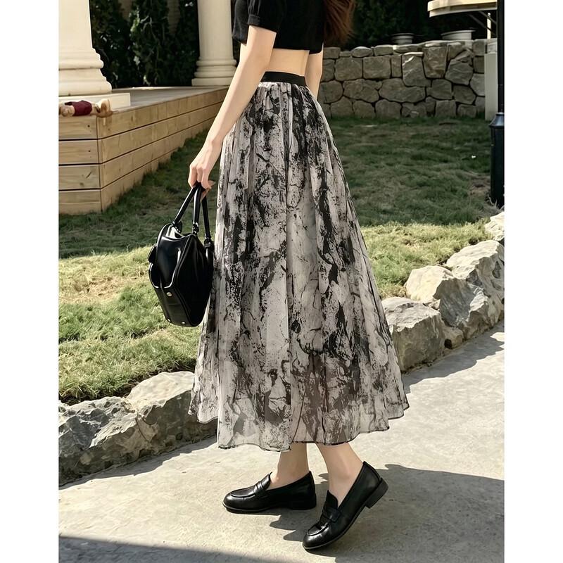 Demana Elegant 100% Silk Ink Print A-Line Skirt
