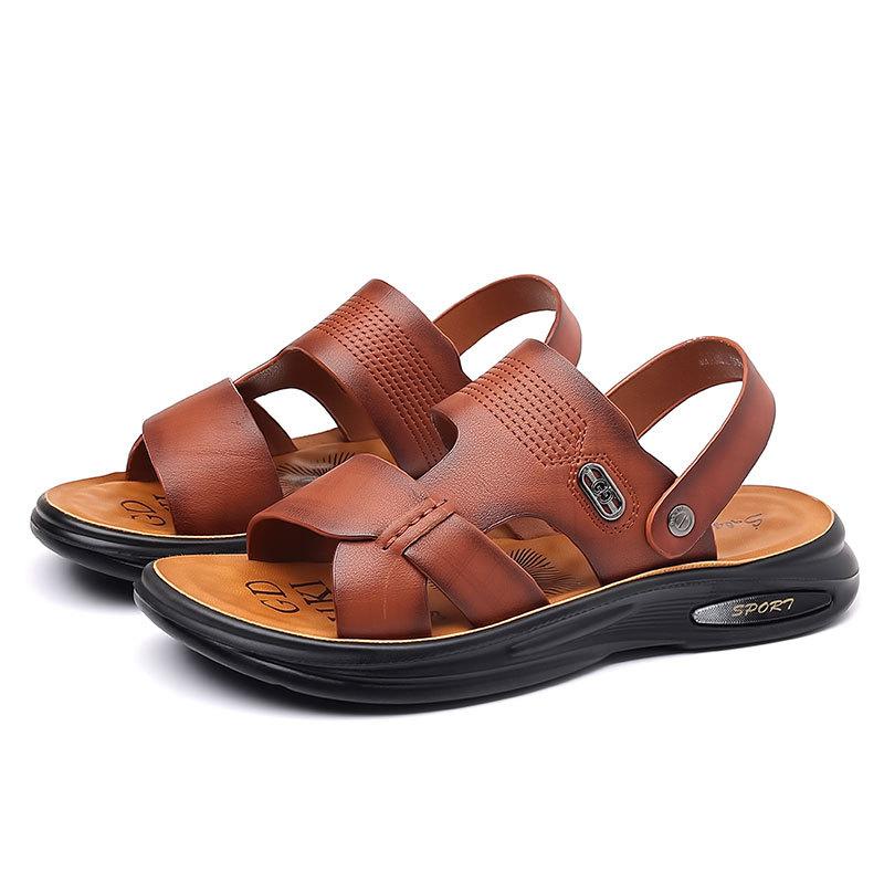 Summer New First-layer Cowhide Men's Casual Beach Shoes Middle-aged and Elderly Leather Slippers Open-toed Dad Sandals 2025