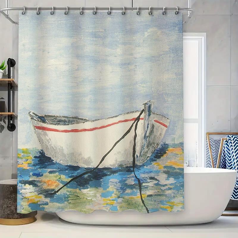 

Decorative Shower Curtain featuring serene lake scenery with a boat perfect for adding charm to your bathroom 90x180cm